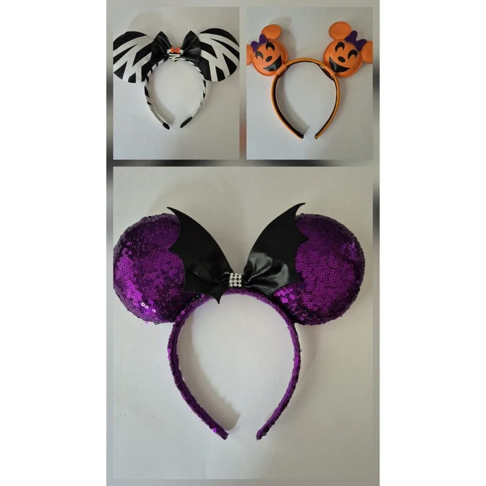 Disney Minnie Mouse Halloween Ears Headband Lot of 3 Purple Bat Pumpkin Zebra